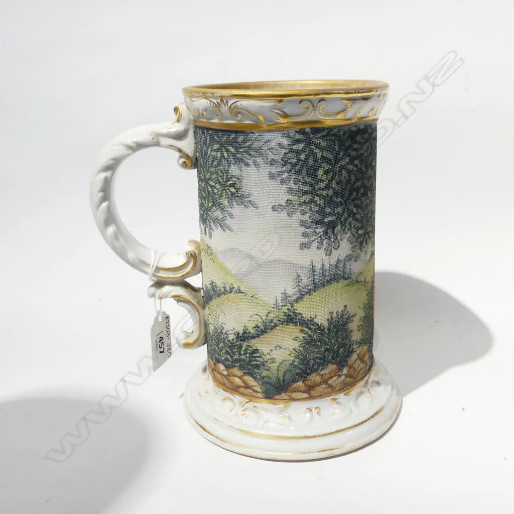 ANTIQUE DRESDEN LG TANKARD WITH TAPESTRY FINISH OF EUROPEAN COUNTRY SCENE, H. 200MM Image 1++