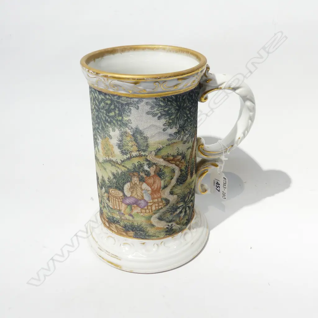 ANTIQUE DRESDEN LG TANKARD WITH TAPESTRY FINISH OF EUROPEAN COUNTRY SCENE, H. 200MM Image 1++