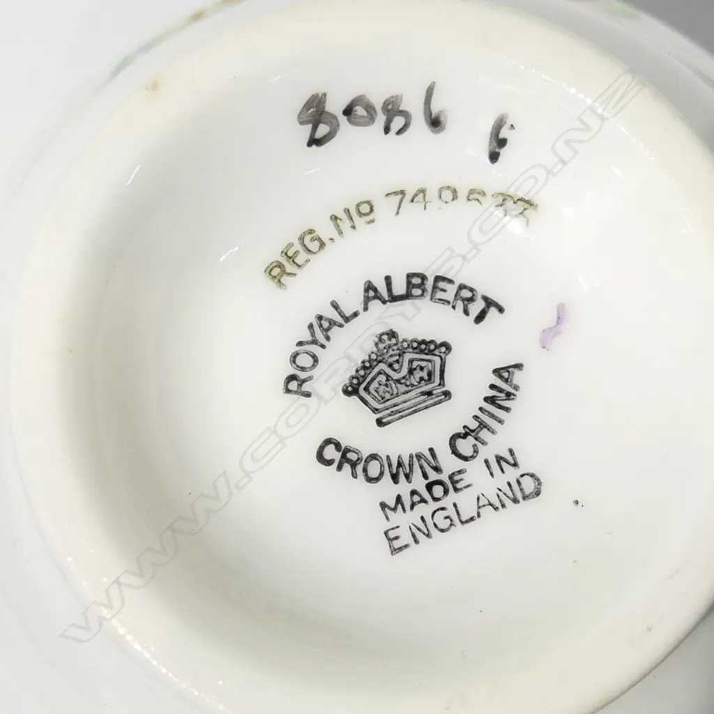 FOUR ROYAL ALBERT CROWN CHINA HAND PAINTED TRIOS WITH ORANGE & PURPLEDECORATION Image 1++