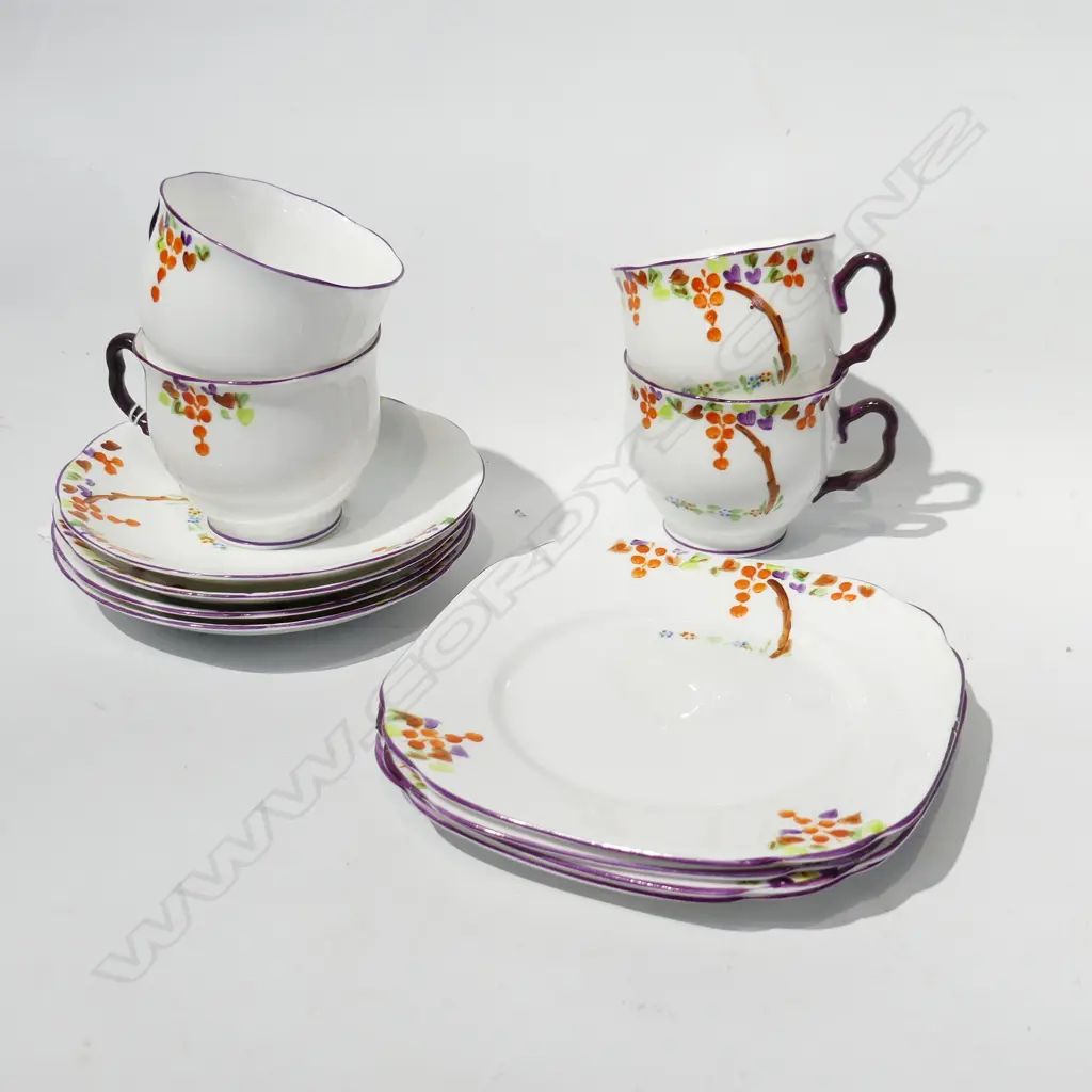 FOUR ROYAL ALBERT CROWN CHINA HAND PAINTED TRIOS WITH ORANGE & PURPLEDECORATION Image 1++