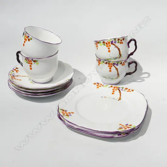 FOUR ROYAL ALBERT CROWN CHINA HAND PAINTED TRIOS WITH ORANGE & PURPLEDECORATION