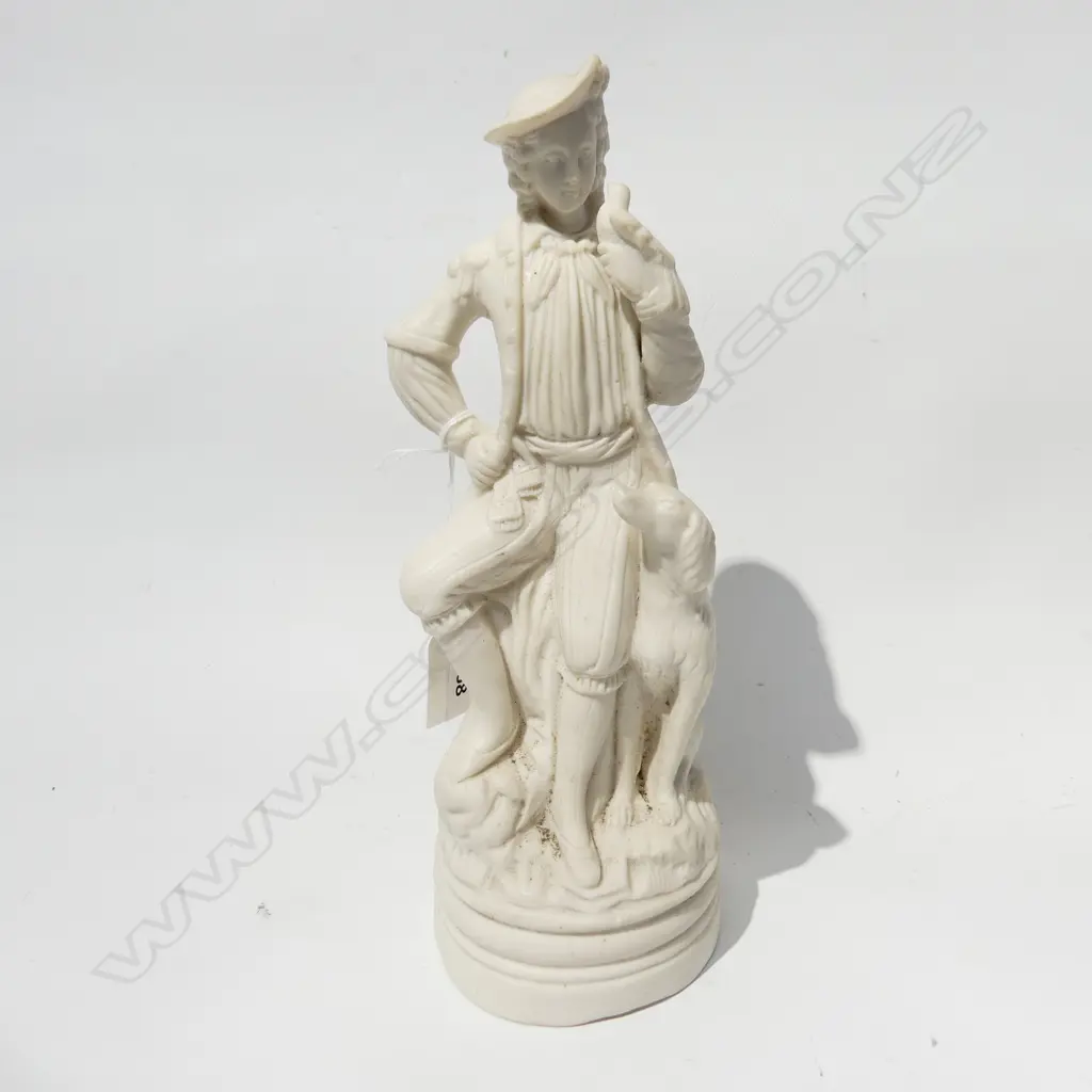 ANTIQUE BISQUE FIGURINE - MAN WITH BIRD & HUNTING DOG, STAMPED JW381. H. 250MM Image 1++
