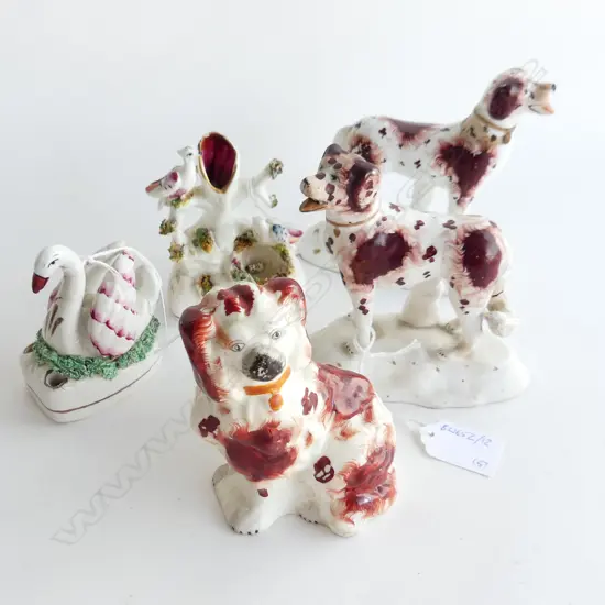 5 STAFFORDSHIRE ANIMALS DOGS/SWAN/BIRDS SOME WITH FAULTS H 130 MM 