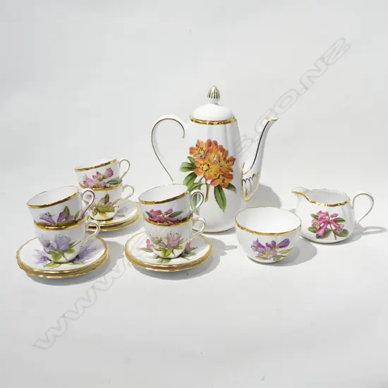 SPODE RHODODENDRUM COFFEE SET; COFFEE POT, MILK JUG & BOWL, 6 DEMITASSE CUPS & SAUCERS 
