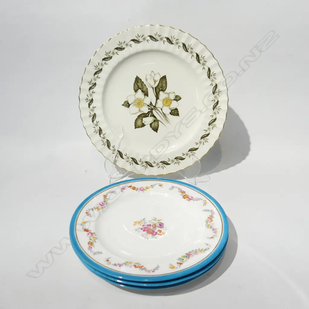 3 MINTON PLATES WITH TURQUOISE & FLORAL RIMS (DIA 220MM) + ROYAL WORCESTER PLATE (DIA  270MM) Image 1++