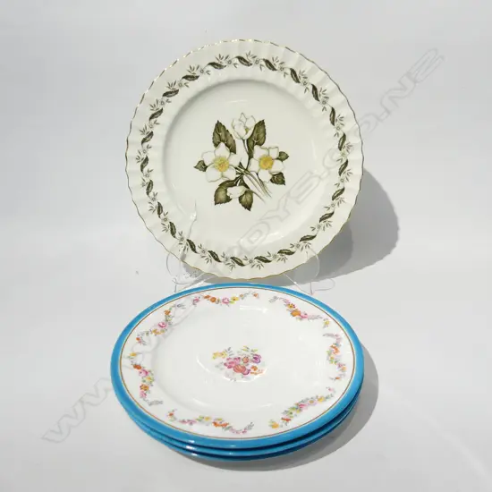 3 MINTON PLATES WITH TURQUOISE & FLORAL RIMS (DIA 220MM) + ROYAL WORCESTER PLATE (DIA  270MM)