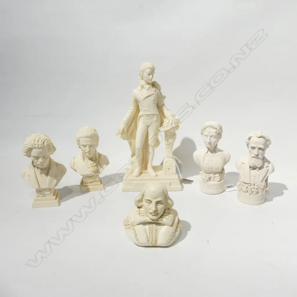 5 ASST WHITE ITALIAN RESIN BUSTS & MOZART FIGURINE Image 1++