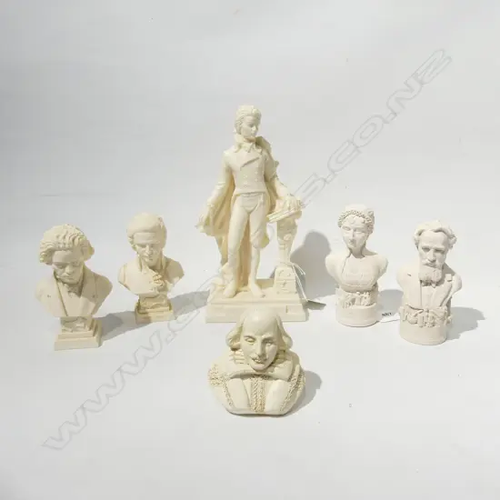 5 ASST WHITE ITALIAN RESIN BUSTS & MOZART FIGURINE