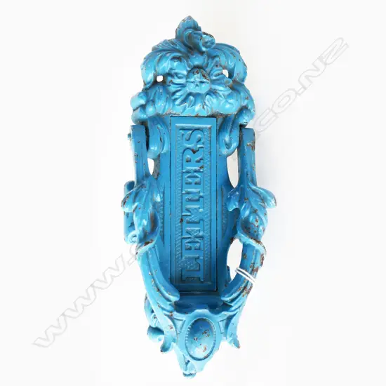 VICTORIAN CAST IRON DOOR KNOCKER WITH 'LETTERS' ON SPRING MECHANISM IN BLUE, EX GOLDEN BAY, STAMPED 295B L. 240MM
