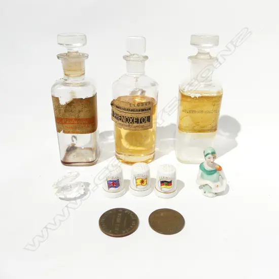 3 THIMBLES, DECO HALF DOLL, 2 SHOP TOKENS, 3 PHARMACY BOTTLES, CRYSTAL OYSTER 