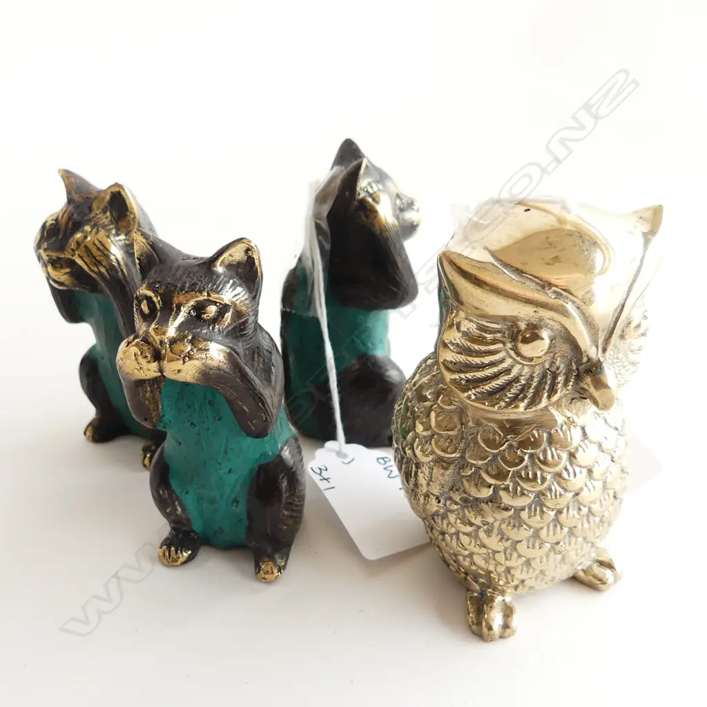 3 BRONZE SEE NO, HEAR NO, SPEAK NO EVIL CATS (H. 75MM) + BRASS OWL (H. 80MM) Image 1++
