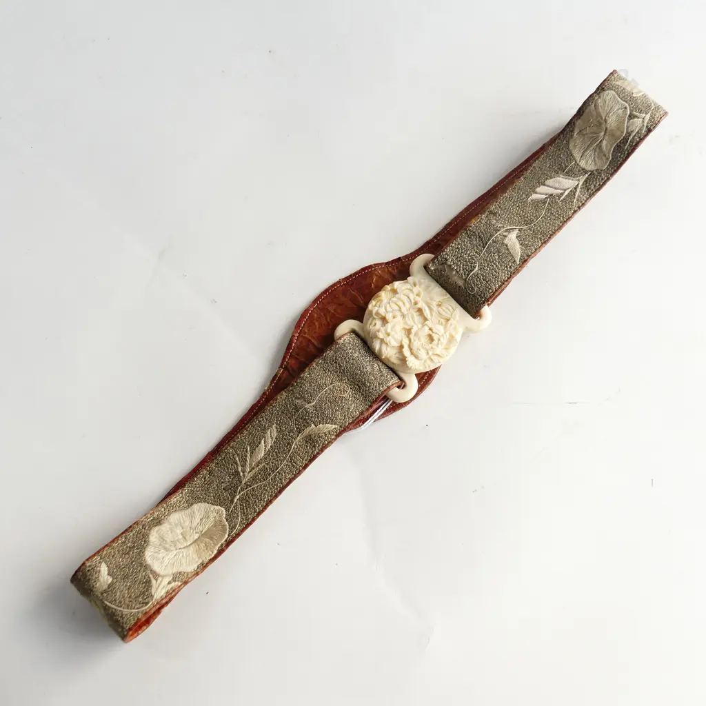 EARLY 20thC FINELY CARVED IVORY BELT BUCKLE & PERIOD EMBROIDERED SILK BELT leather backed L.780mm approx Image 1++