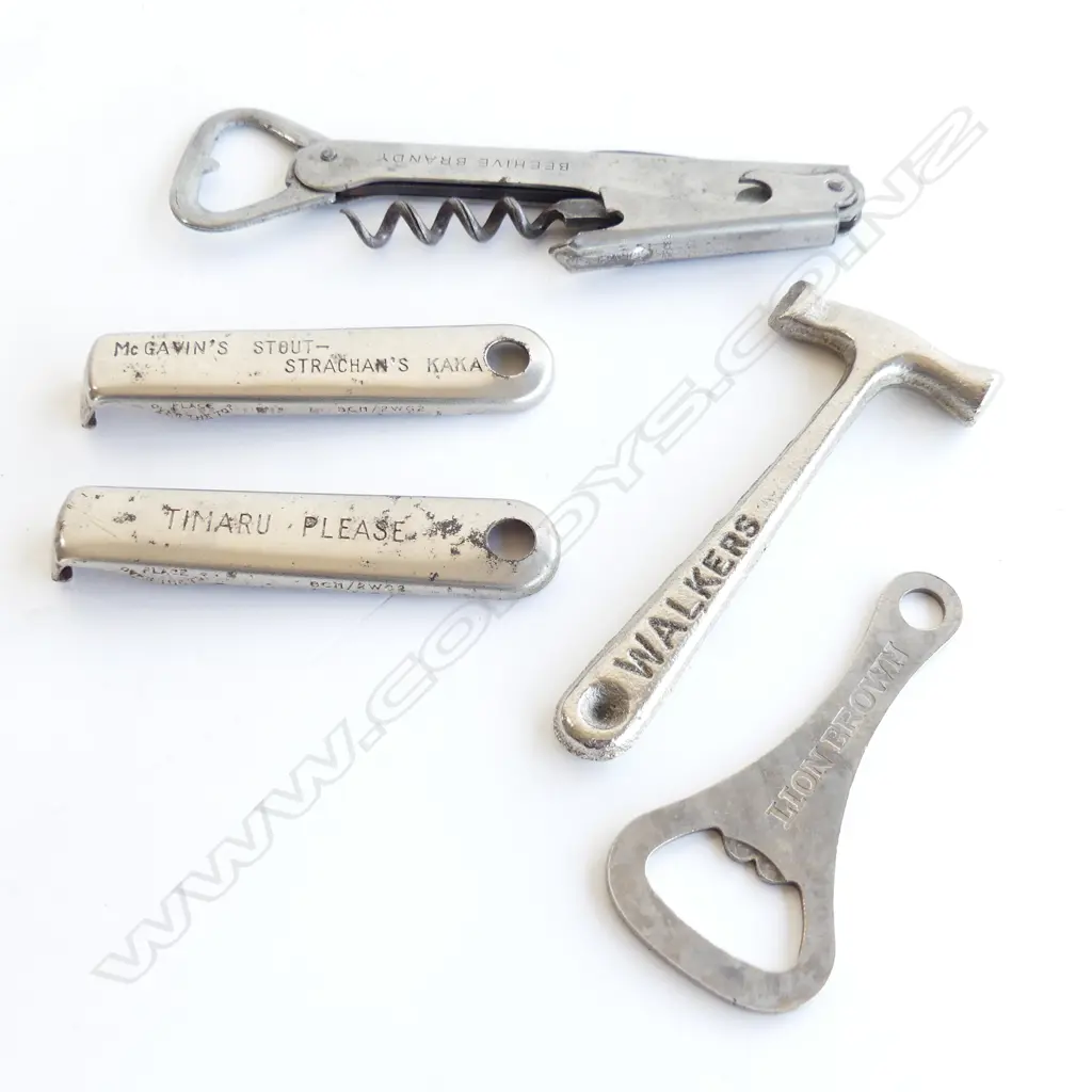 4 BOTTLE OPENERS & HAMMER - TIMARU, MCGAVINS STRACHAN'S KAKA, LION BEER, BEEHIVE BRANDY & WALKERS Image 1++
