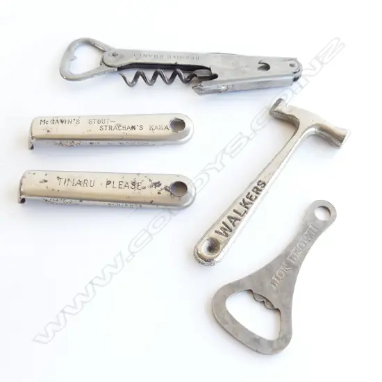 4 BOTTLE OPENERS & HAMMER - TIMARU, MCGAVINS STRACHAN'S KAKA, LION BEER, BEEHIVE BRANDY & WALKERS