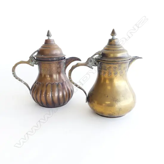 TWO ANTIQUE PERSIAN COFFEE POTS; 1 COPPER & 1 BRASS H. 180MM