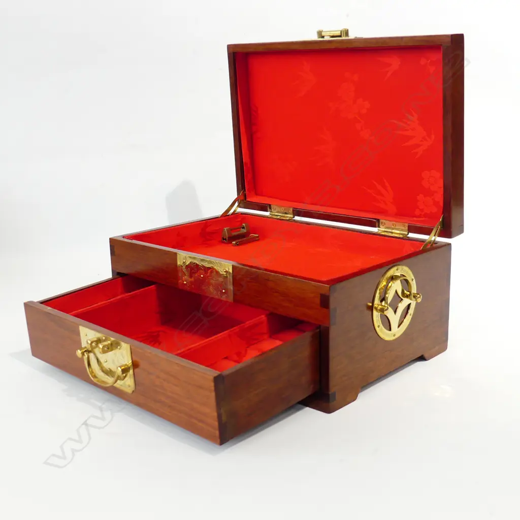ORIENTAL MAHOGANY JEWELLERY BOX w. MoP INLAY W.320mm Image 1++