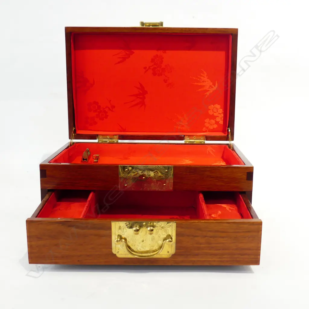 ORIENTAL MAHOGANY JEWELLERY BOX w. MoP INLAY W.320mm Image 1++