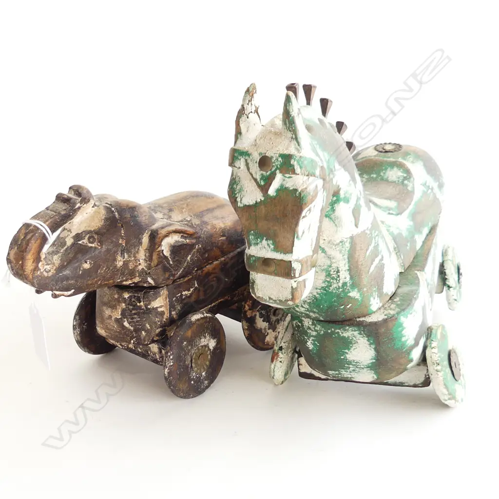 2 OLD CARVED WOODEN ANIMALS ON WHEELS; HORSE (L 230MM) & ELEPHANT (L170MM) Image 1++