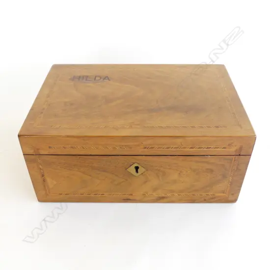ANTIQUE INLAID BOX WITH PINK SATIN INTERIOR 'HILDA'  L. 250MM