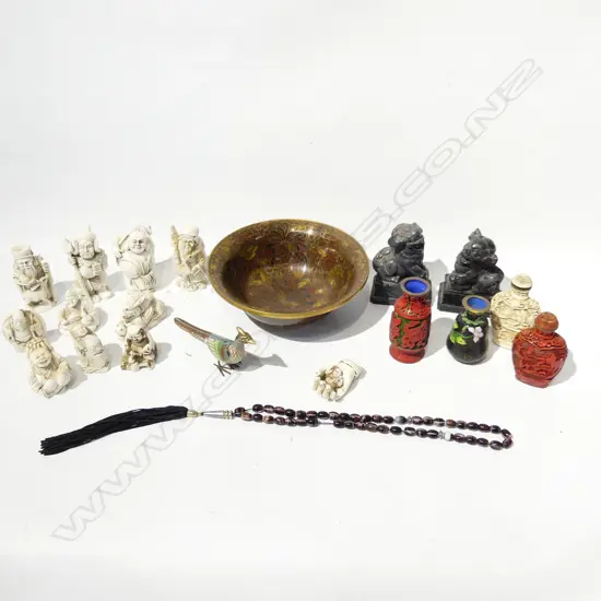 ORIENTAL CLOISONNE BOWL 155mm dia + ASST. RESIN FIGURES ETC