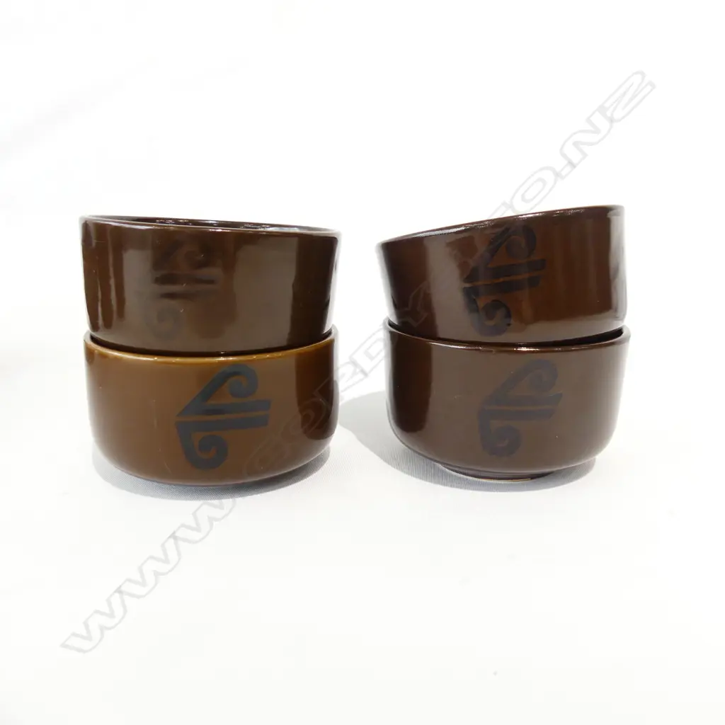 8 CROWN LYNN BROWN RAMEKINS w. AIR NZ KORU 85mm dia + SIGNED POTTERY TUREEN 140mm dia Image 1++