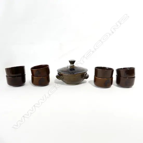 8 CROWN LYNN BROWN RAMEKINS w. AIR NZ KORU 85mm dia + SIGNED POTTERY TUREEN 140mm dia