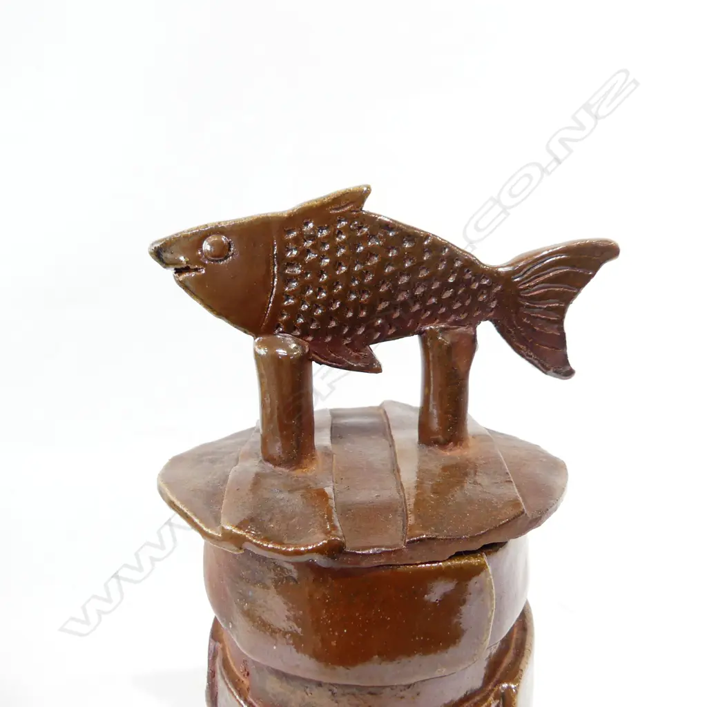 'MM' TALL SCULPTED CYLINDER VASE FISH TO LID strap construction. Incised MM mark H.390mm Image 1++