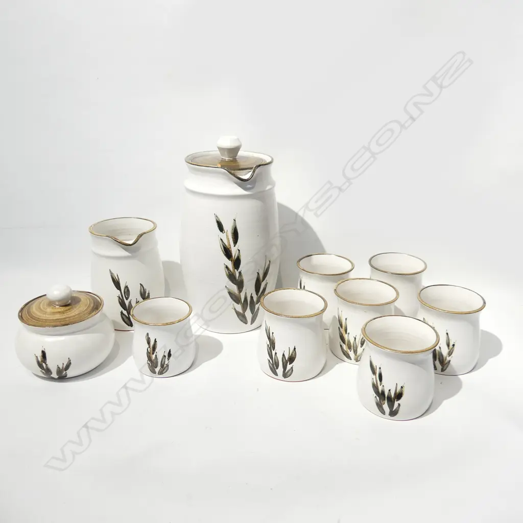 NZ POTTERY, 10 PC COFFEE SET; LG COFFEE POT, 6 MUGS, UTENSIL HOLDER, LG MILK JUG & LIDDED SUGAR BOWL Image 1++