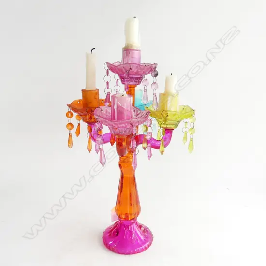 FESTIVE MULTI COLOURED GLASS 5 ARM CHANDELIER CANDELABRA H. 410MM