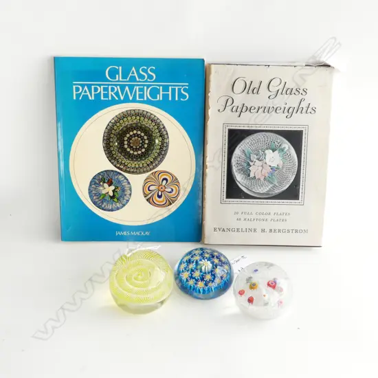 3 MILLEFIORI GLASS PAPER WEIGHTS PLUS 2 PAPER WEIGHT BOOKS
