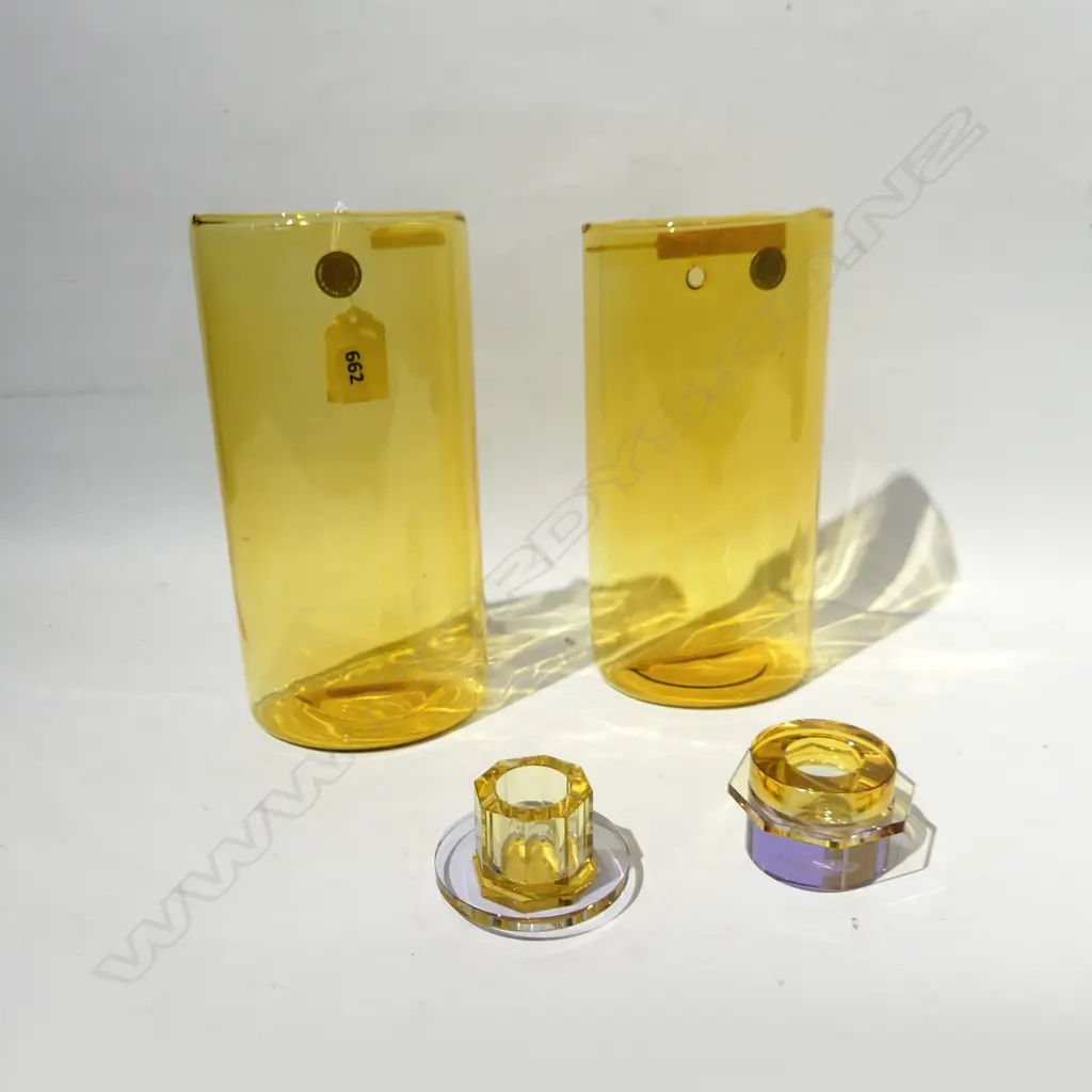 PR HUBSCH DENMARK YELLOW GLASS WALL VASES H.195mm + PR CANDLE HOLDERS 60mm dia Image 1++