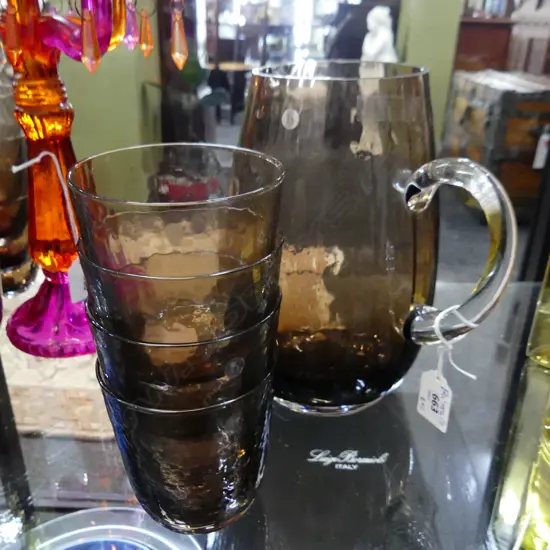 4 HAMMERED BROWN GLASS TUMBLERS + JUG H.210mm BY BROSTE COPENHAGEN