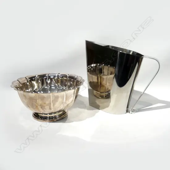 2 PCES SILVER PLATE; MICHAEL ARAM 'BOAT' PITCHER H.250mm + BOWL 240mm dia
