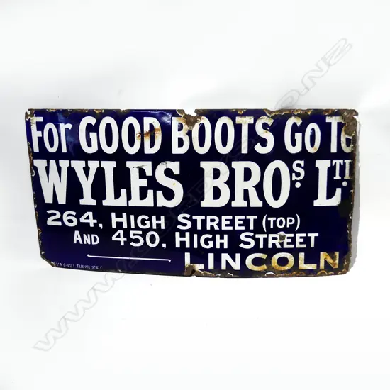ANTIQUE ENAMEL SIGN 'FOR GOOD BOOTS GO TO WYLES BROs. Ltd. LINCOLN 305x595mm