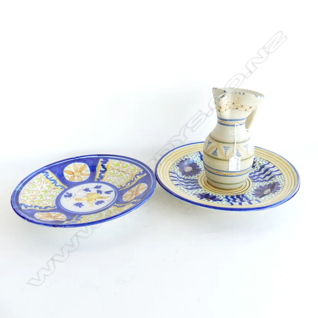 2 OLD EYROPEAN TIN GLAZE LGE PLATES Dia.335mm + JUG H.225mm Image 1++