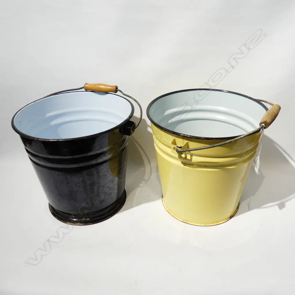 2 VINTAGE ENAMEL BUCKETS WITH WOODEN HANDLES, 1 YELLOW & BLUE, 1 BLACK & BLUE Image 1++