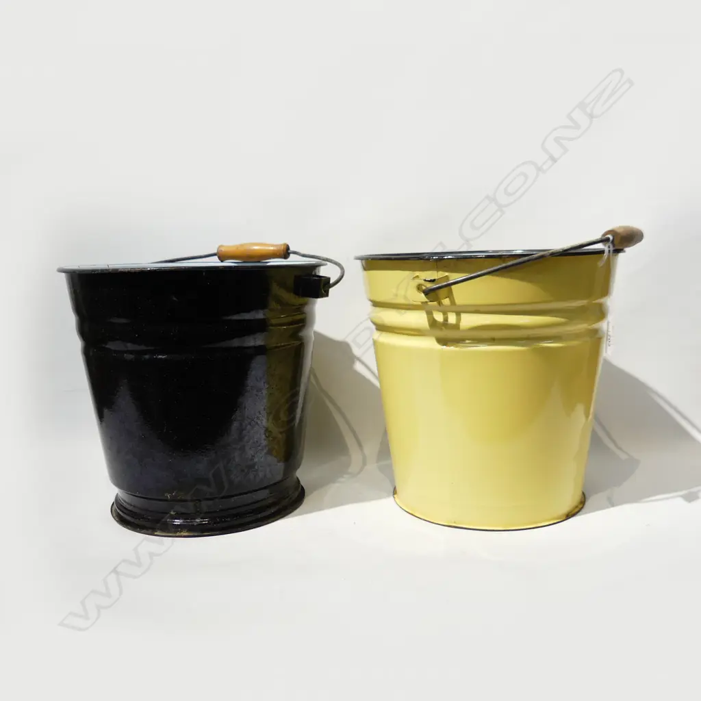 2 VINTAGE ENAMEL BUCKETS WITH WOODEN HANDLES, 1 YELLOW & BLUE, 1 BLACK & BLUE Image 1++