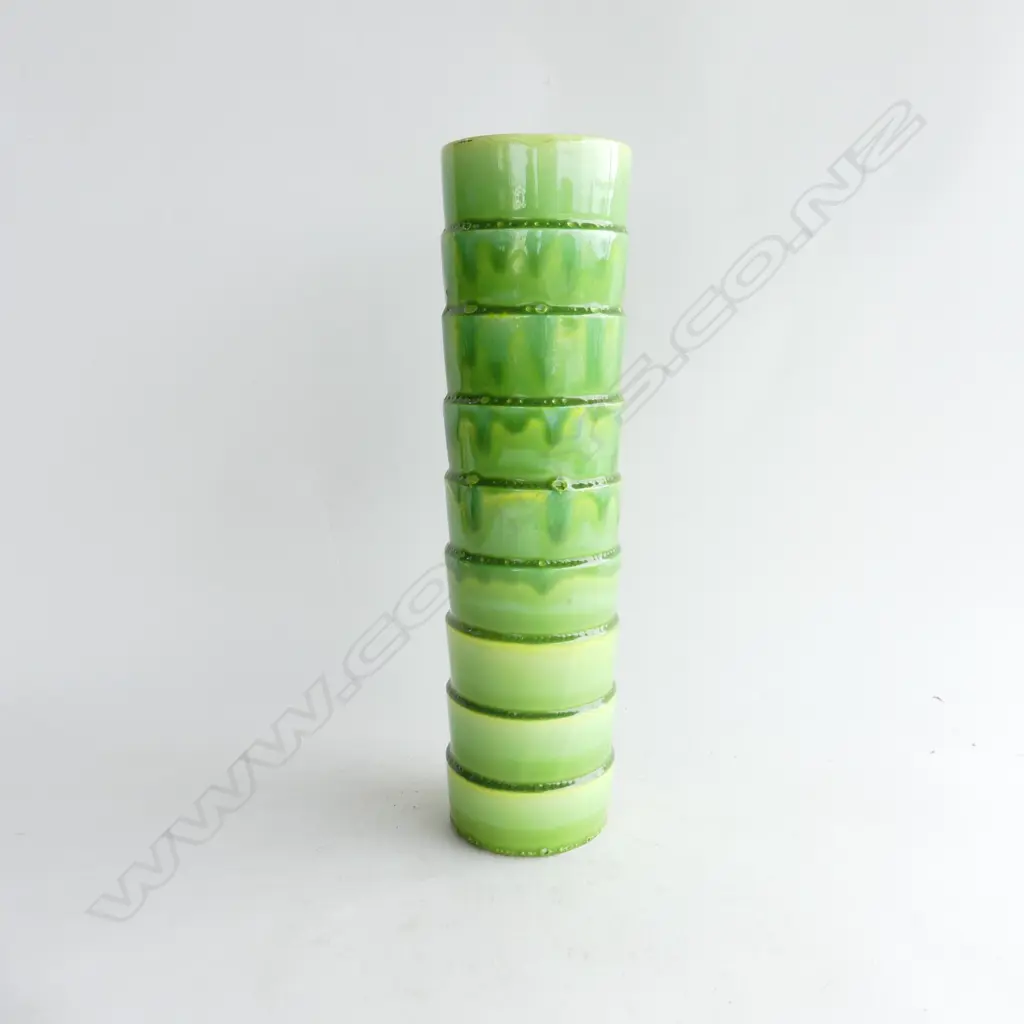 TALL PETER COLLIS LIME GREEN GLAZED CYLINDRICAL VASE H. 378MM SIGNED AT BASE Image 1++