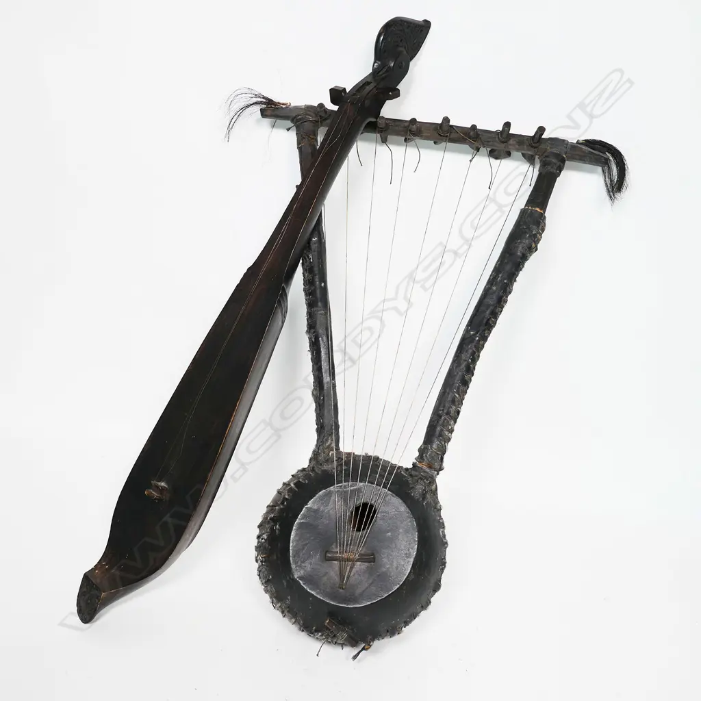 AFRICAN ENDONGO WOODEN GOURD HARP-LUTE (L. 520mm) & 2-STRING CARVED HANDLED LUTE, L.680mm Image 1++