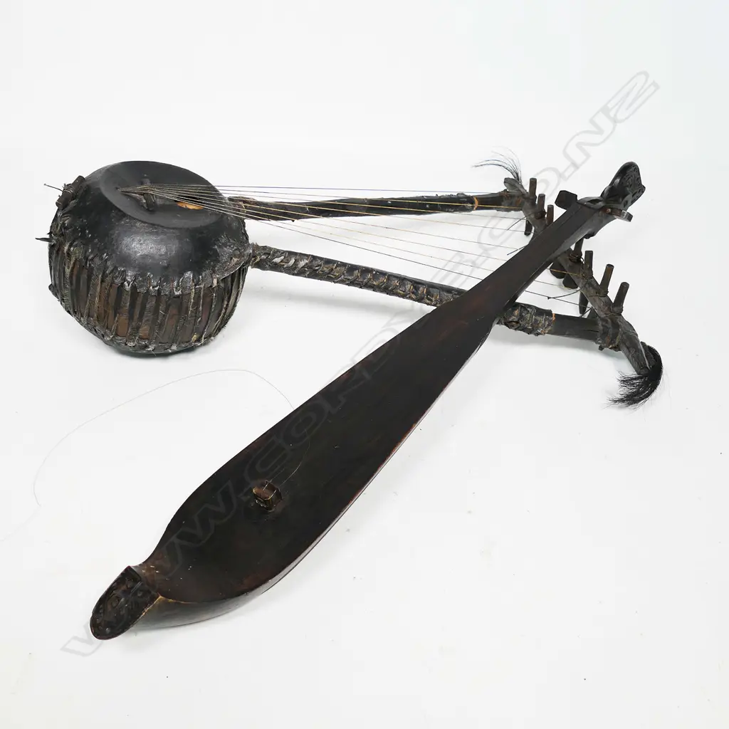AFRICAN ENDONGO WOODEN GOURD HARP-LUTE (L. 520mm) & 2-STRING CARVED HANDLED LUTE, L.680mm Image 1++
