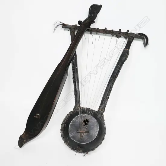 AFRICAN ENDONGO WOODEN GOURD HARP-LUTE (L. 520mm) & 2-STRING CARVED HANDLED LUTE, L.680mm