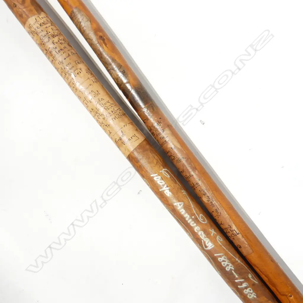 PR CARVED WALKING STICKS. NZ OREGAN. GORE PAKEKE LIONS CLUB 100YR ANNIVERSARY 1888-1988 Image 1++