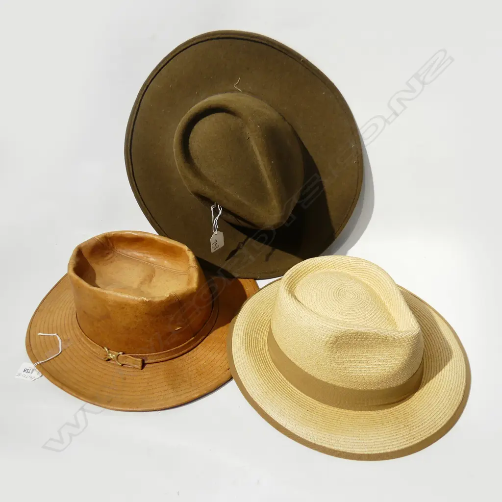 3 MENS HATS, 1 US MADE STETSON, 1 ENG LEATHER, 1 STRAW Image 1++