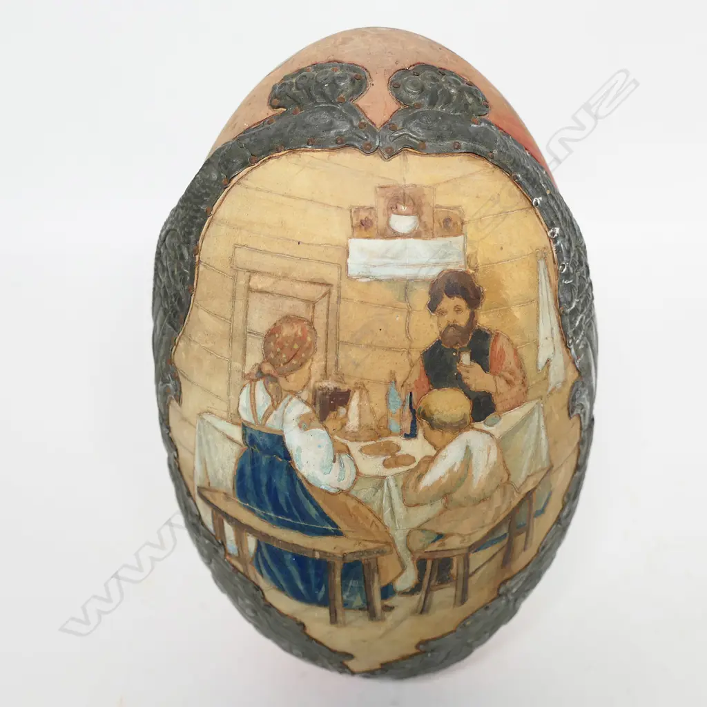 RUSSIAN CARVED & PAINTED WOODEN EGG, W TIN PEACOCK INSERTS, INSCRIBED TO INTERIOR '..1910', H.200mm Image 1++