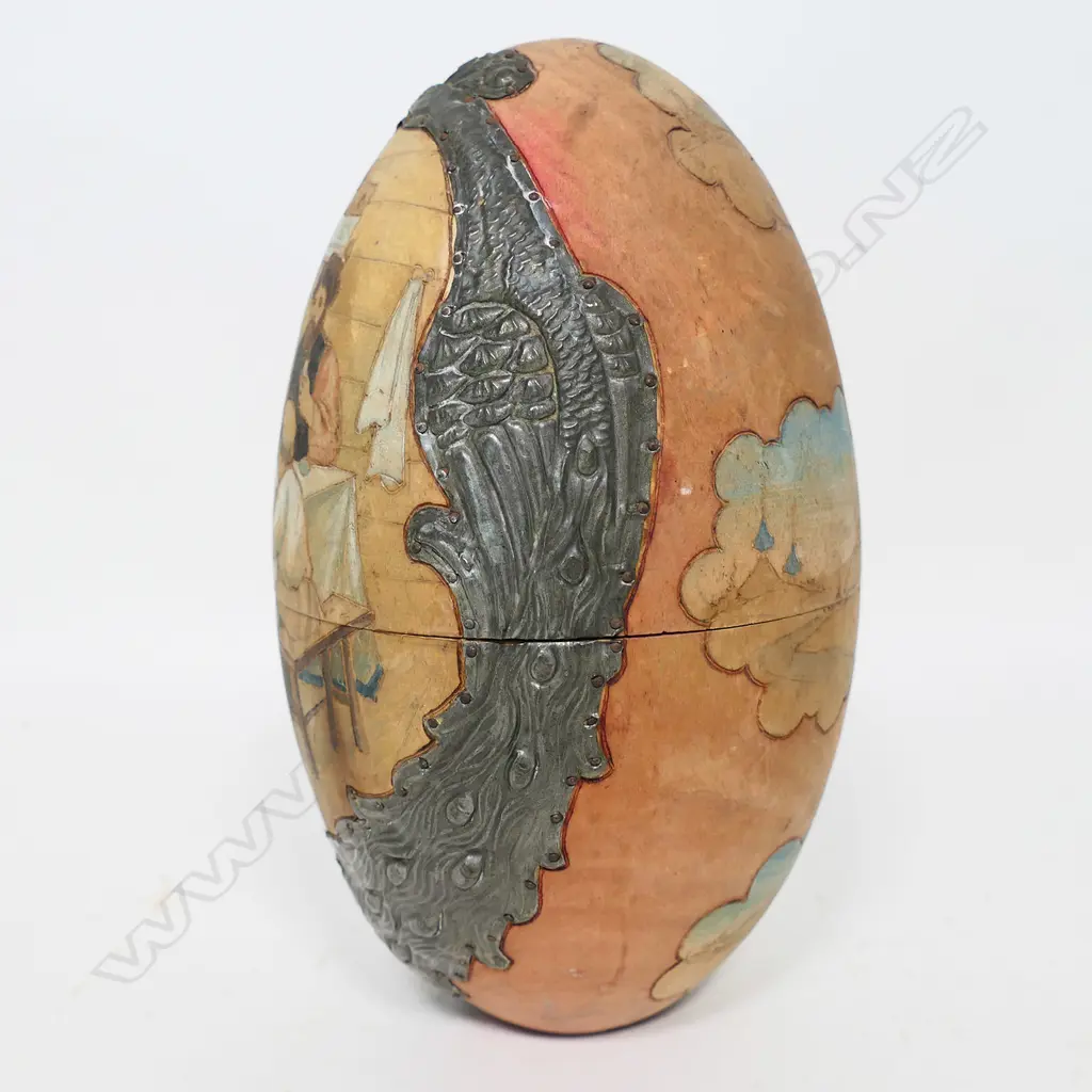 RUSSIAN CARVED & PAINTED WOODEN EGG, W TIN PEACOCK INSERTS, INSCRIBED TO INTERIOR '..1910', H.200mm Image 1++