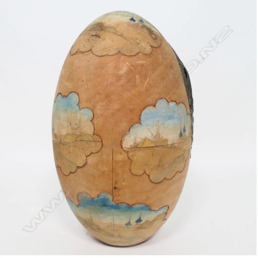 RUSSIAN CARVED & PAINTED WOODEN EGG, W TIN PEACOCK INSERTS, INSCRIBED TO INTERIOR '..1910', H.200mm Image 1++