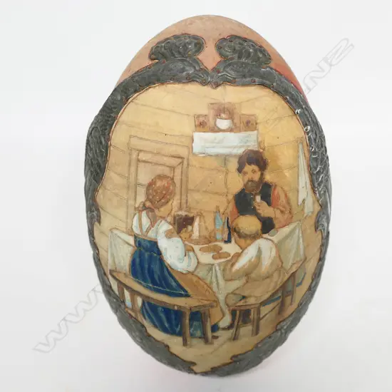 RUSSIAN CARVED & PAINTED WOODEN EGG, W TIN PEACOCK INSERTS, INSCRIBED TO INTERIOR '..1910', H.200mm