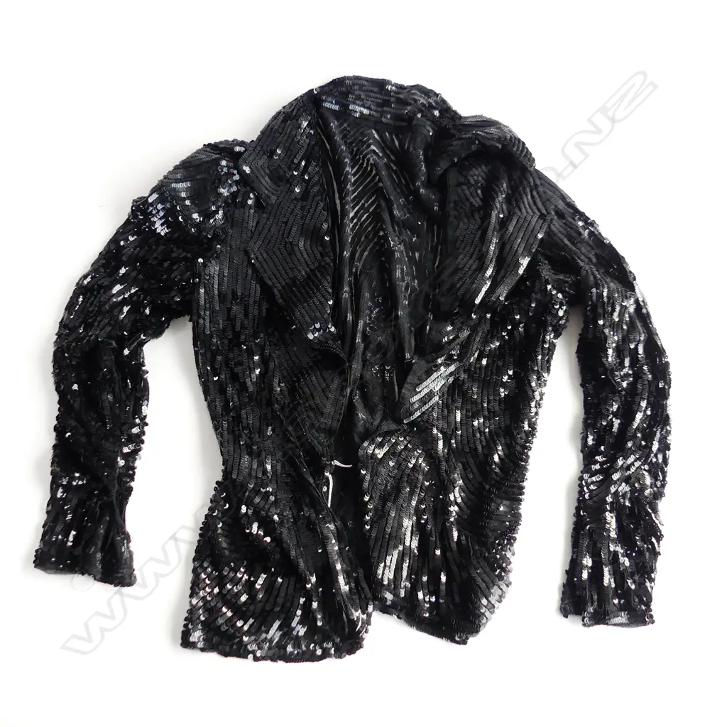 VINTAGE LADIES BLACK SEQUIN STYLISH SHORT JACKET long sleeves Image 1++