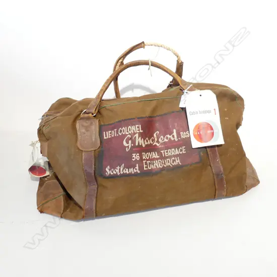 VINTAGE OVERNIGHT TRAVEL BAG, MARKED LT COL. MCLEOD, SCOTLAND