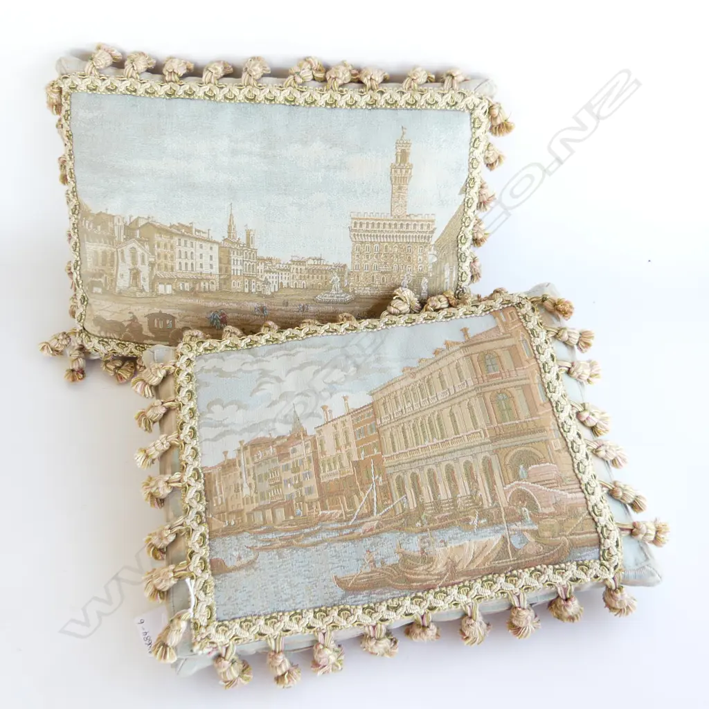 PR SILK CUSHIONS - VENETIAN SCENE MACHINE MADE TAPESTRY & ELABORATE FRINGING Image 1++